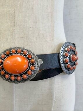 Vintage Black leather belt with heavy faux Coral Conchos  boho western RTL $495